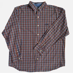 Chaps Easy Care Long Sleeve Pocket Logo Button Down Orange/Blue/White Plaid XL